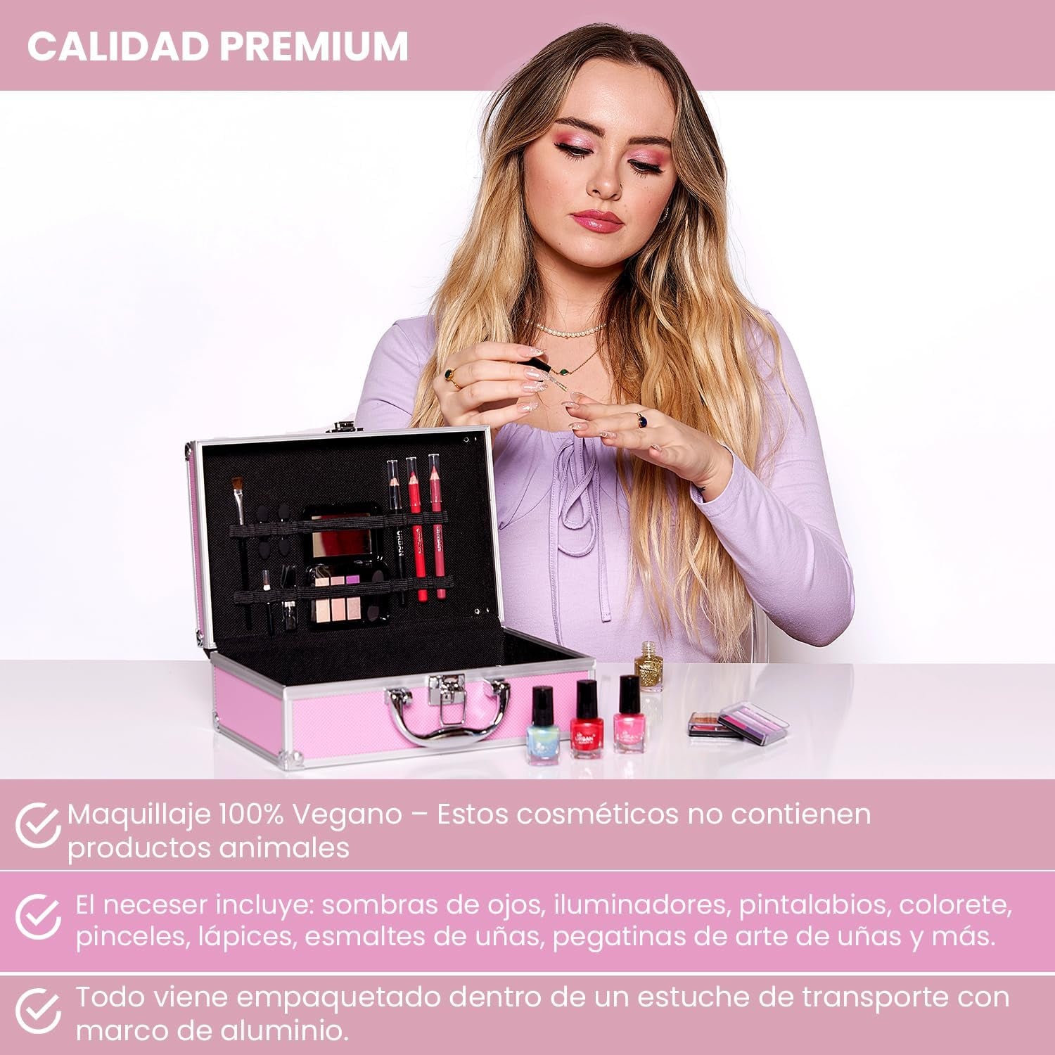 LOVE URBAN BEAUTY Vegano Neceser De Maquillaje Hot Pink De 82 Piezas Para Adolescentes Y Mujeres Adultas Con Sombras, Colorete, Pintalabios Y Productos Para Uñas