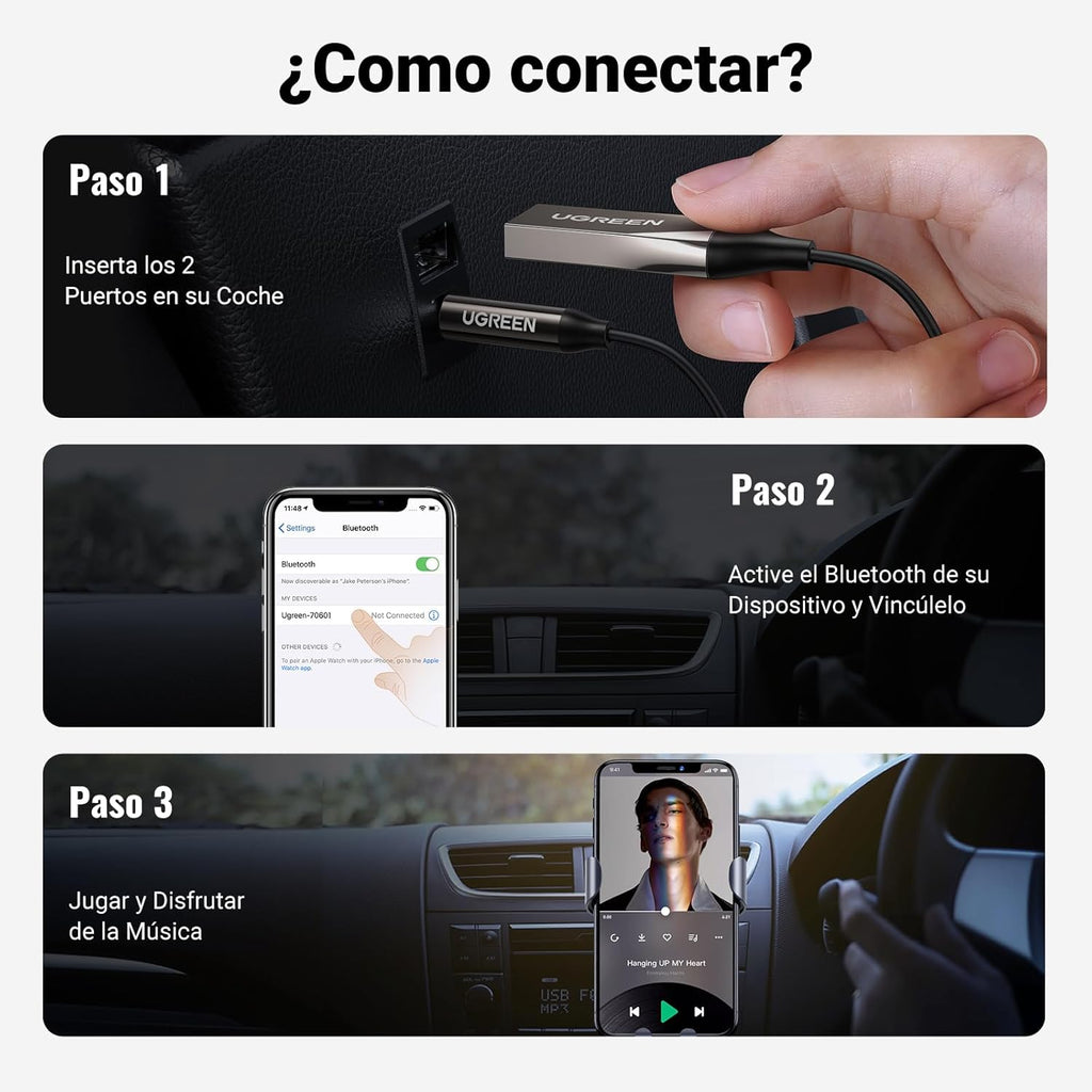 UGREEN Receptor Bluetooth 5.4 Adaptador Jack 3.5Mm Aux Auxiliar Conector Audio Coche Manos Libres, Gris Oscuro