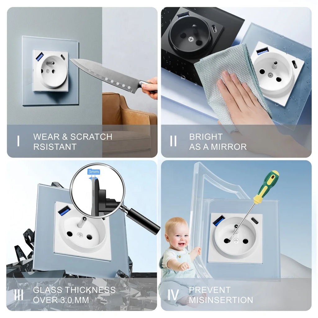 2024 New Fast Charging French Electric Wall Socket Stylish Glass Design with EU Plug Standards for Various Decorations