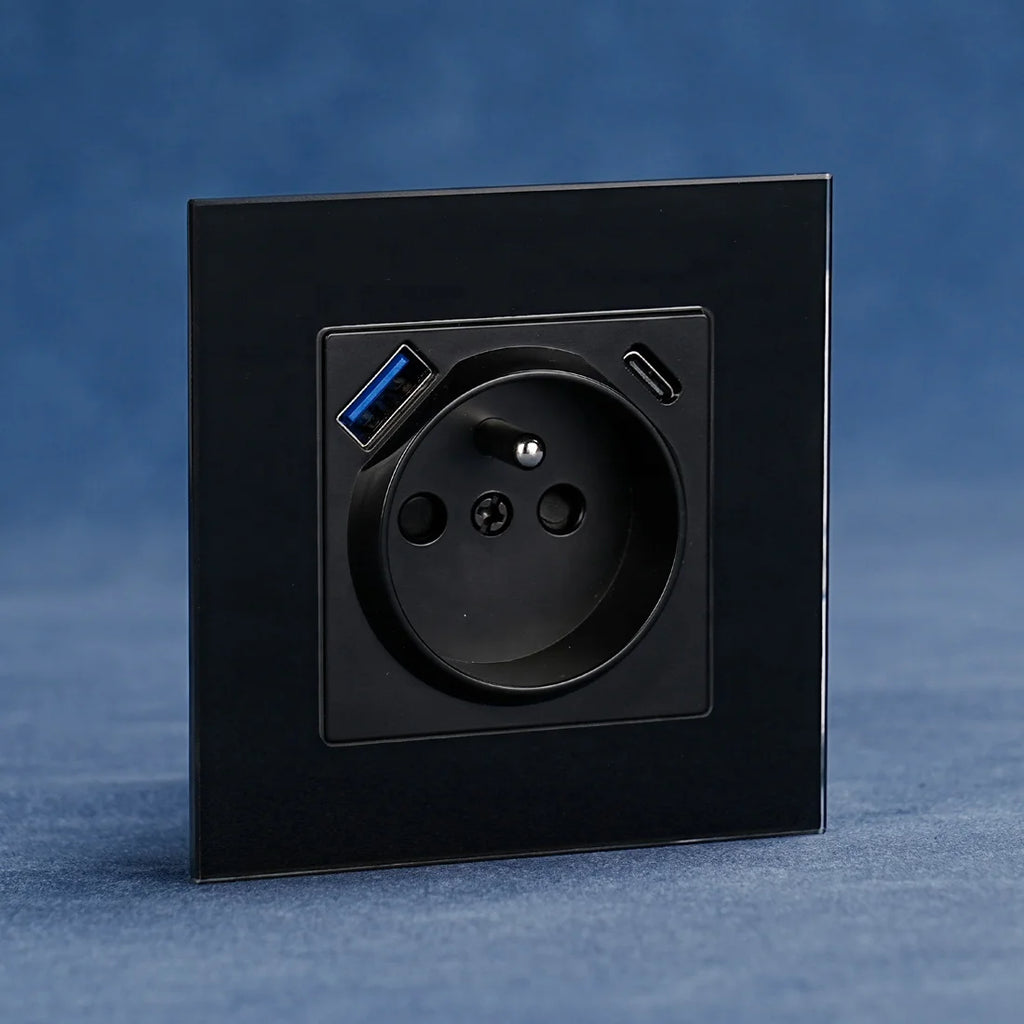 2024 New Fast Charging French Electric Wall Socket Stylish Glass Design with EU Plug Standards for Various Decorations