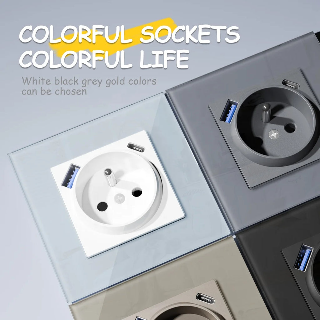 2024 New Fast Charging French Electric Wall Socket Stylish Glass Design with EU Plug Standards for Various Decorations