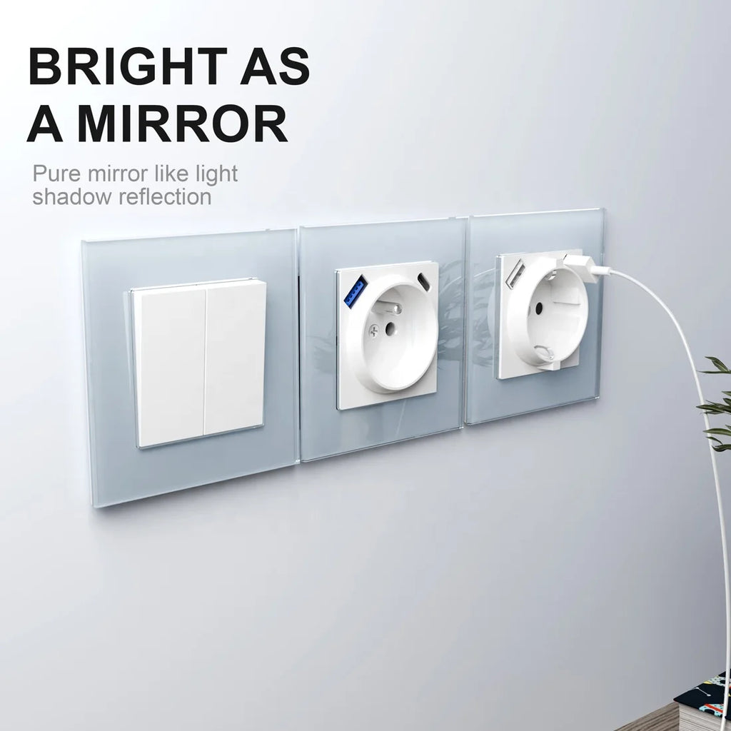 2024 New Fast Charging French Electric Wall Socket Stylish Glass Design with EU Plug Standards for Various Decorations