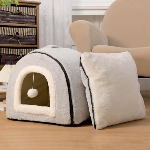 2-in-1 Foldable Cave Pet Bed for Cats & Dogs – Grey